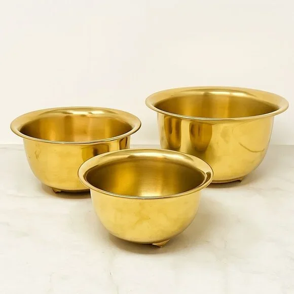 Vtg Set of 3 Brass Footed Bowl Cachepot / Planter / Trinket Dish Lacquered MCM - Picture 2 of 6